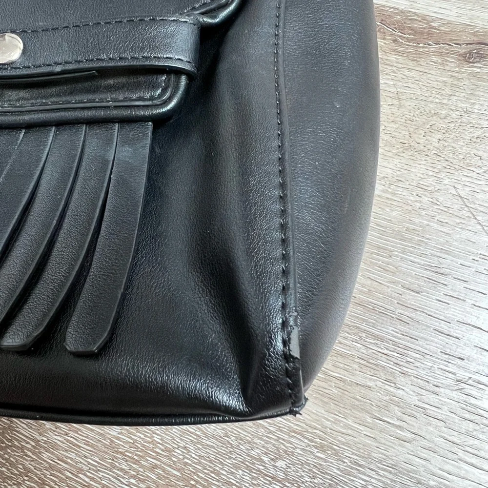 Neiman Marcus Black Fringe Faux Leather Crossbody Purse